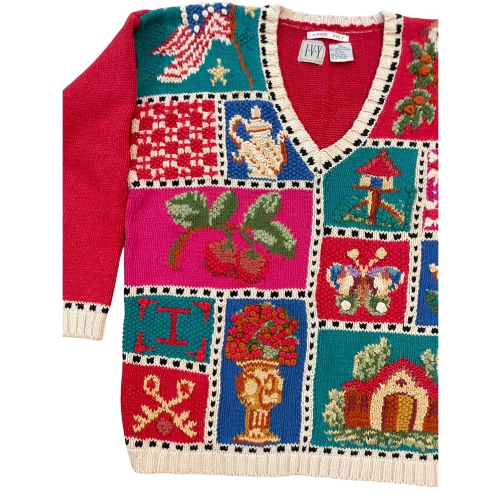Vintage Patchwork Cottagecore Sweater Chunky Knit Americana Bird Fruit Flag 80s - Picture 3 of 9